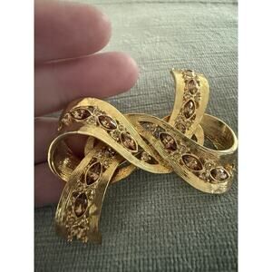 Vintage 90s Liz Claiborne Brooch Gold tone Citrine Rhinestone Bow Ribbon Pin